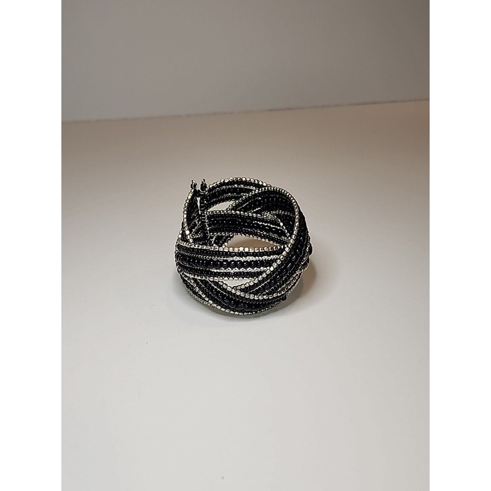 Vintage Beautiful Cuff Wrap Bracelet Silver Tone Black Beads 2" Wide